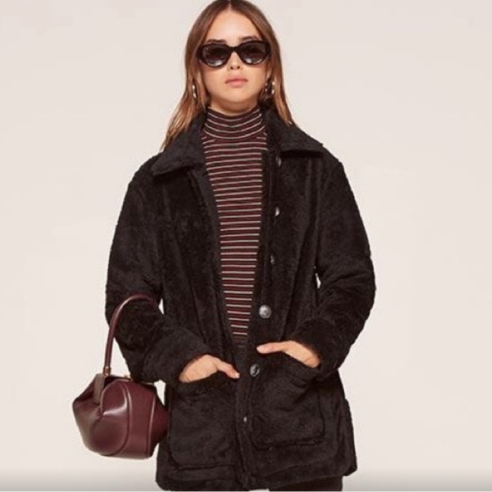 Reformation, black, M, fuzzy button down jacket